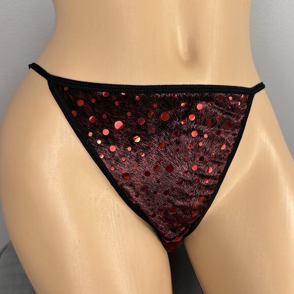 Vintage Van Mar String Bikini Panties Sz 6 Medium Red Black Velvet Foil Dot Y2K - Picture 2 of 9